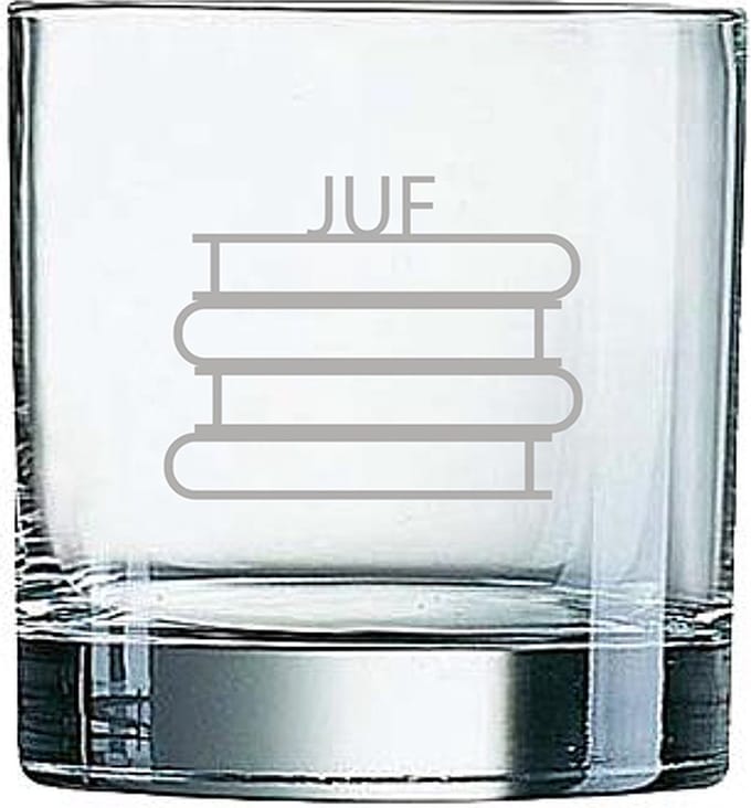 Gegraveerde Whiskeyglas 38cl Juf met boeken