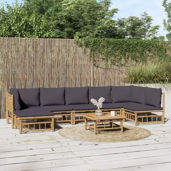 vidaXL - 8-delige - Loungeset - met - kussens - bamboe - donkergrijs