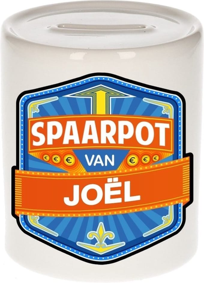 Bellatio Decorations Kinder spaarpot met naam - Joël - keramiek - met dop - wit - Sparen - Spaargeld van Joël