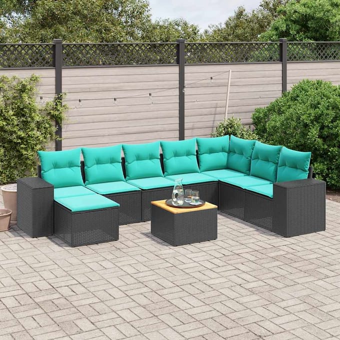 vidaXL - 9-delige - tuinbankset - met - kussens - van - zwart - polyrotan