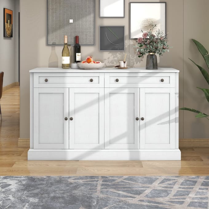 Dressoir - 150x40x86 cm - Grote Kast met 4 Deuren - 2 Lades - Antiek Wit