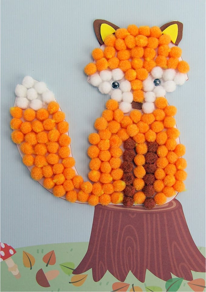 Knutselset Kind 3+ - Vos Boomstam - Pompoms Vorm Plakken - Hobby - 15x21cm