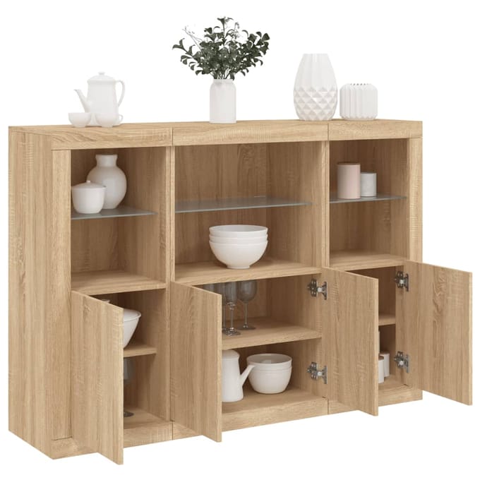 vidaXL - Dressoirs - met - LED-verlichting - 3 - st - bewerkt - hout - sonoma - eiken