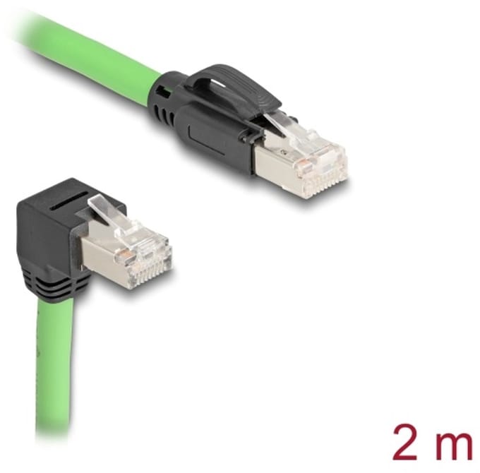 Delock RJ45 Network Cable Cat.6A plug to plug downwards angled SF/UTP suitable for drag chains PUR (TPU) 2 m green