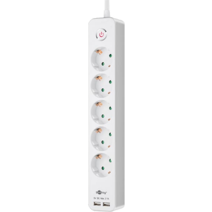 Stekkerdoos 5-voudig met schakelaar en 2x USB, lengte 1,5 m