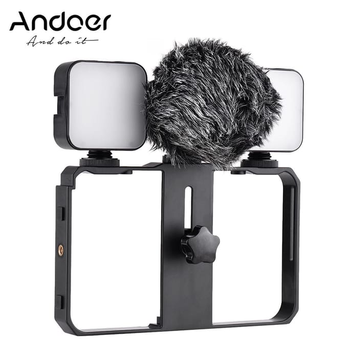 Smartphone Video Cage Kit Inclusief 2 stuks Mini LED-invullichten + Minimicrofoon met schokdemper black