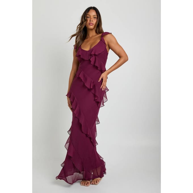 boohoo Dames Chiffon ruche bandjes maxi-jurk | Wijn | Maat: 44
