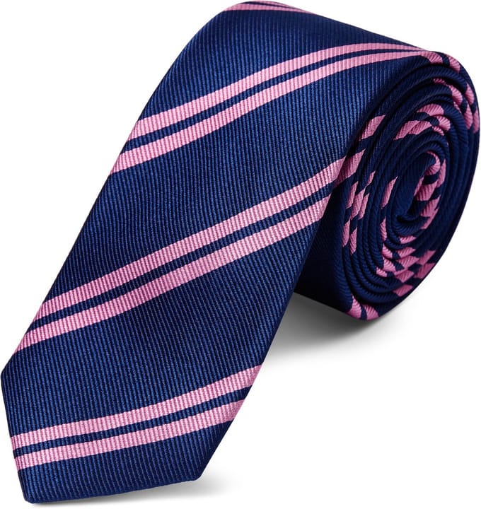 Marineblauwe 6 cm Brede Zijden Stropdas met Roze Dubbele Streep