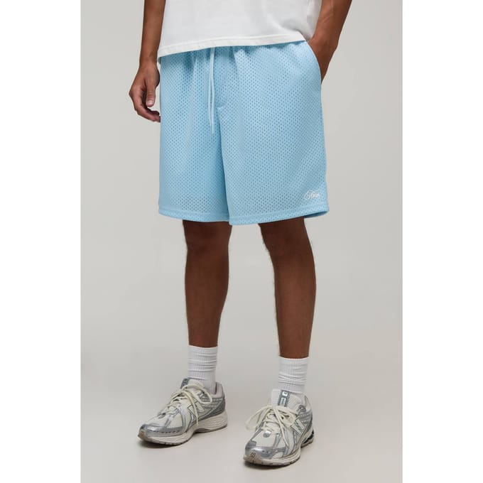 Wijdvallende Mesh Jersey Short Voor Heren Met Script Opdruk | Blue | Size Small