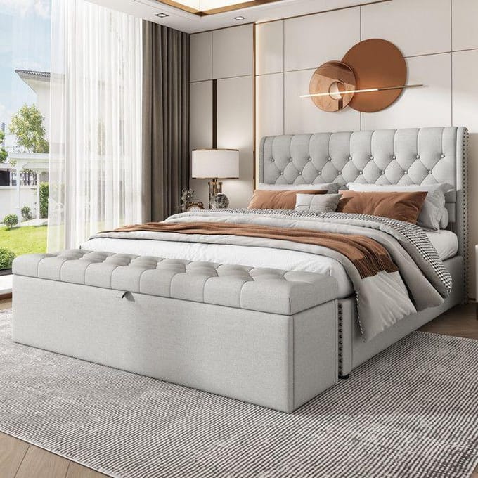 Gestoffeerde bank - MUVOE - 141x41.5x47cm - Linnen - Lichtgrijs - Elegant design grijs