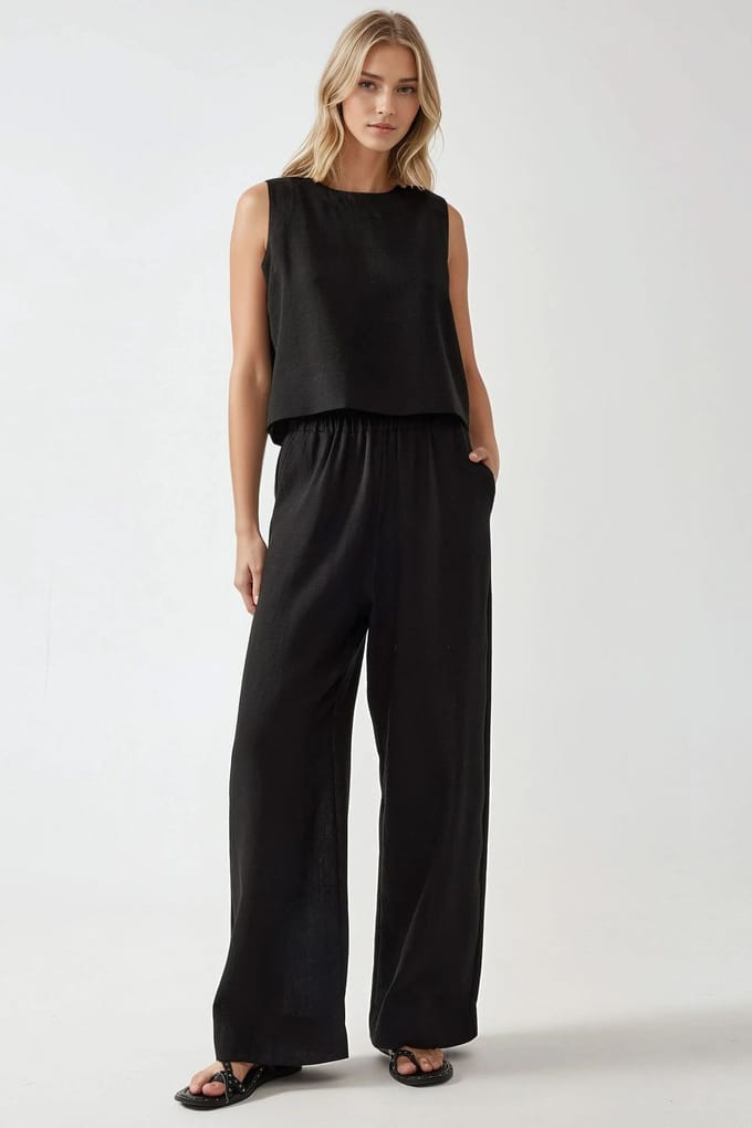 Linnen Voel Blouse & Elastische Taille Broek Tweedelige Coördinatie Set
