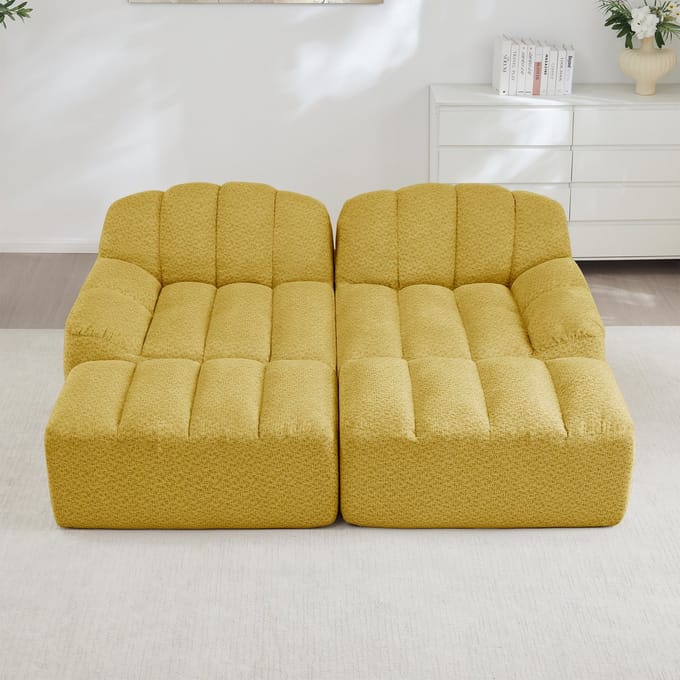 Luxe Teddy Bank Met 2 Poefs - Modulaire 2-Zits Lounge Sofa Geel