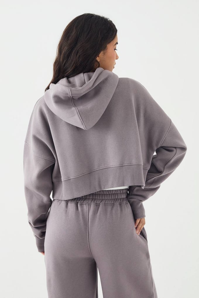 Dames DSGN Studio Cord Applique Boxy Crop Zip Through Hoodie | Mauve | Maat: Large