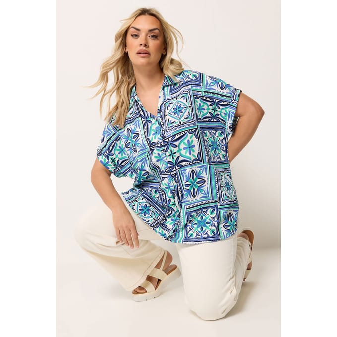 Yours Blauw Shirt Met Tegelprint En Boxy Textuur Size 48