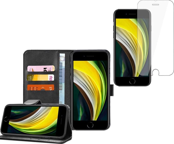 Geschikt voor iPhone SE 2020 / 8 / 7 - Book Case Portemonnee Hoesje Zwart met Screenprotector