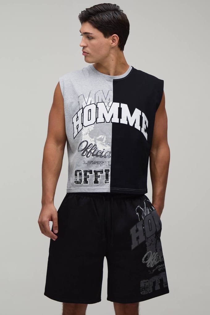 Boxy Length Spliced Homme Applique Tank & Baggy Short Set | Grey Marl | Size Medium