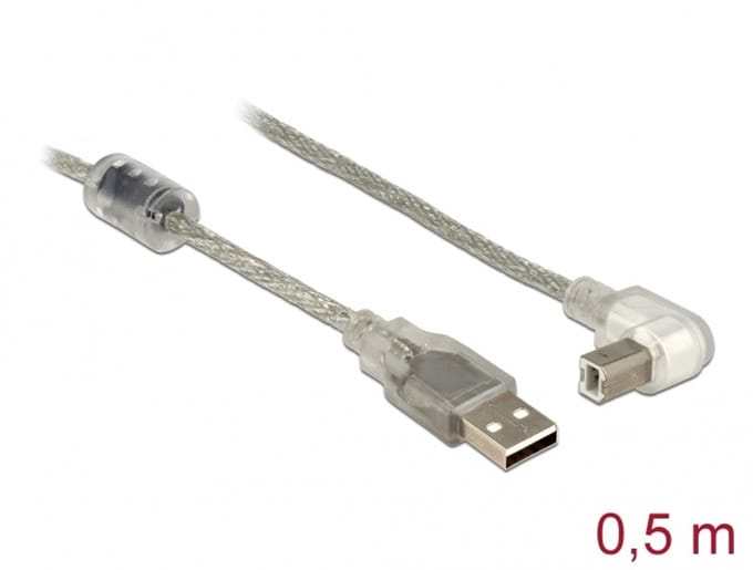 Delock Cable USB 2.0 Type-A male > USB 2.0 Type-B male angled 0.5 m transparent