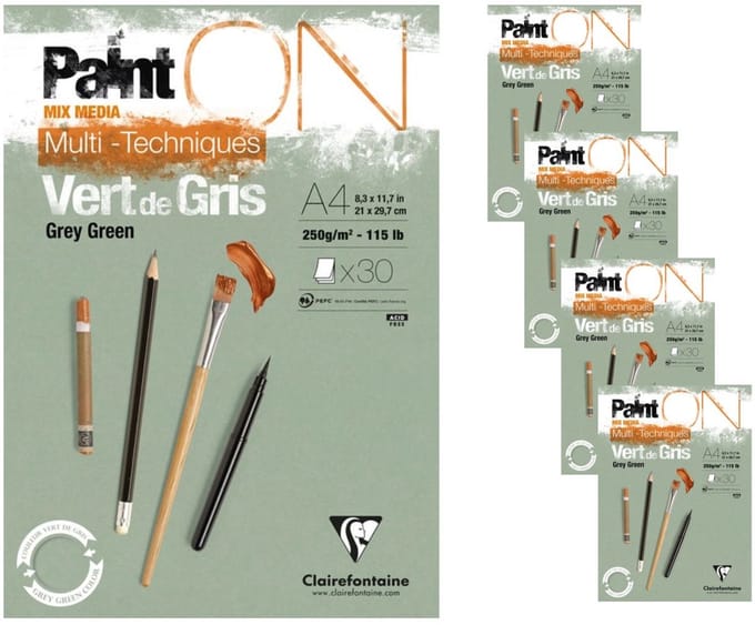 Clairefontaine - Paint ON - Multi-Techniek Pad - Tekenpapier - Schilderpapier - Grijs Groen - A4 - 250 g - 30 vel - 4 pack