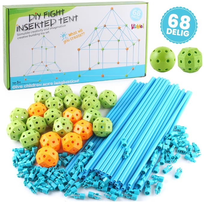 Kiddel Fort Bouwpakket XL – 68-delig Constructiespeelgoed – Tent & Hut Bouwset voor Kinderen – Creatief Bouwspeelgoed Binnen & Buiten – 3, 4 & 5 Jaar