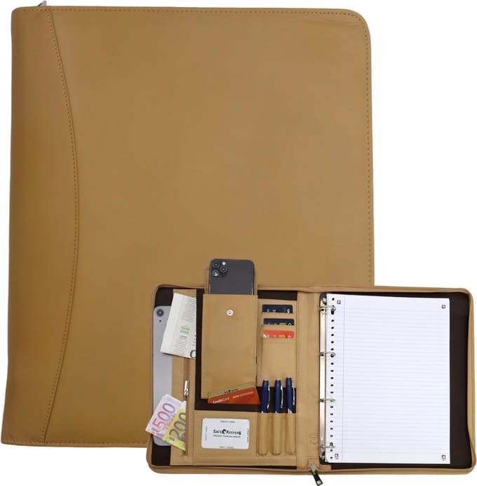 Leren Schrijfmap A4 - Conferentiemap - Documentenmap a4- Tablethoes & Laptopsleeve - Uitneembare Ringband - Taupe
