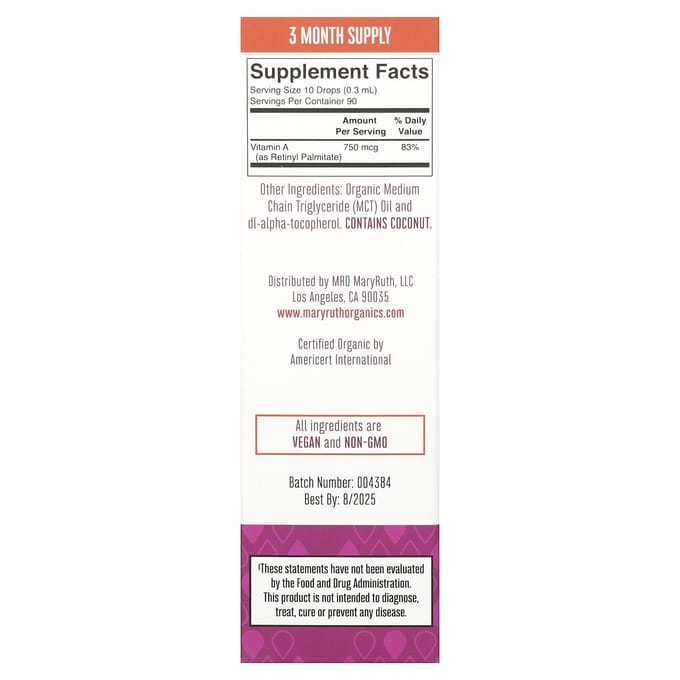 MaryRuth's, Biologische Vitamine A Vloeibare Druppels, Zonder Smaak, 750 mcg, 1 fl oz (30 ml)