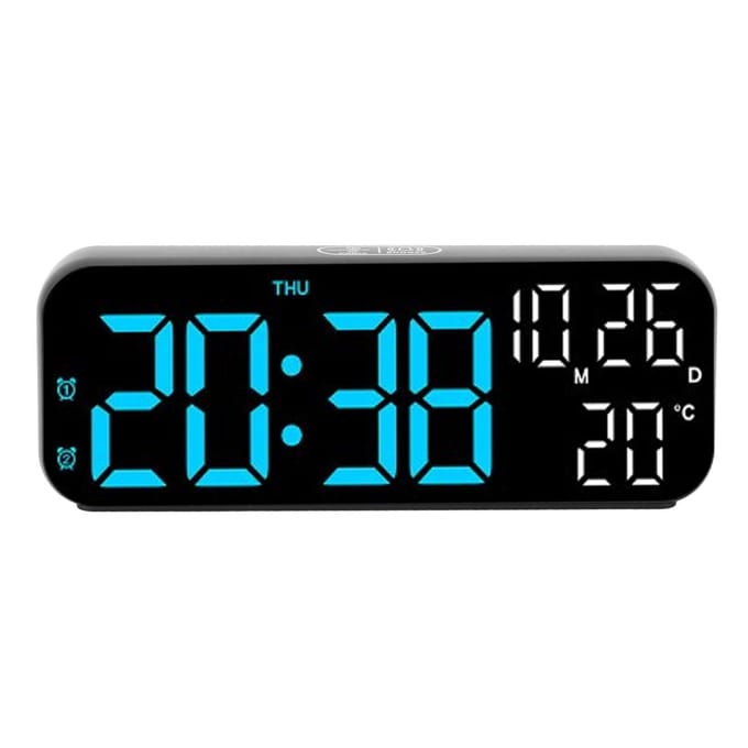 Horloge numérique à double affichage, commande vocale, 3 niveaux de luminosité réglables, affichage de la date et de la température, compte à rebours LED bleu