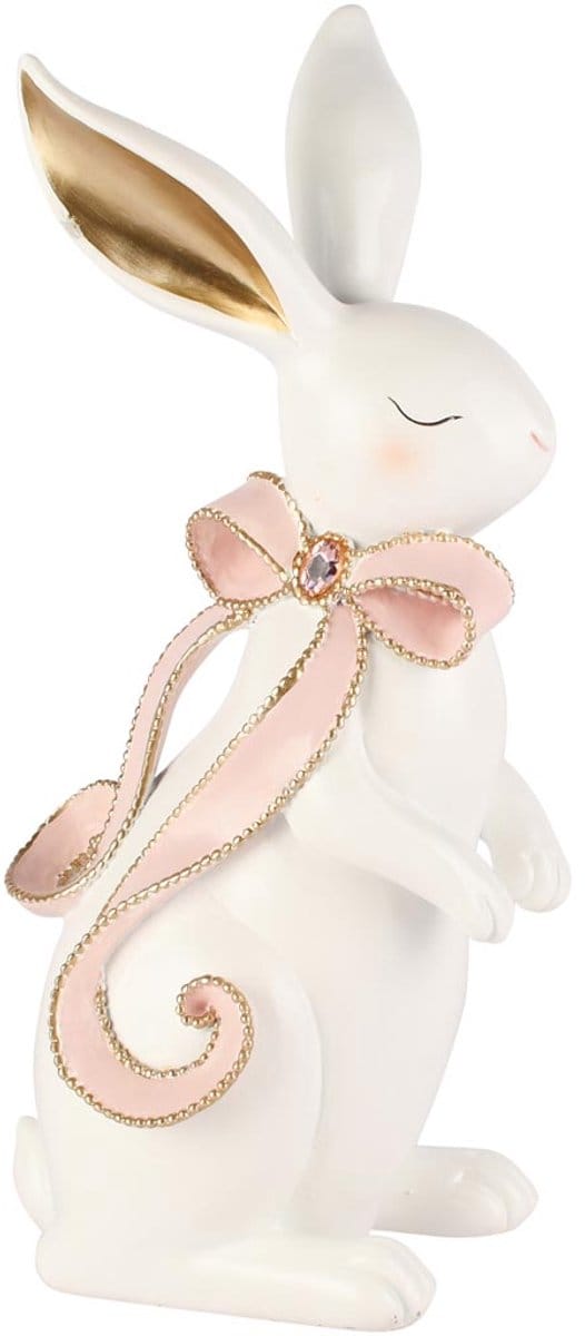 Dekoratief | Bunny zittend m/strik, wit/roze, resina, 15x13x32cm | A260570