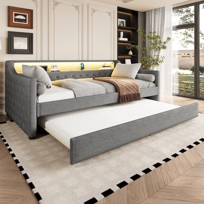 Slaapbank - 90x200 cm - Met Lattenbodem en Uitschuifbed - LED en USB - Linnen - Grijs