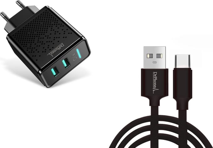 DrPhone Kevlar Pro® - 2 Meter TPE USB-C Kabel + 2 Poorten Thuislader - Voor Type-C Aansluiting (Tablet/Smartphone) - Zwart