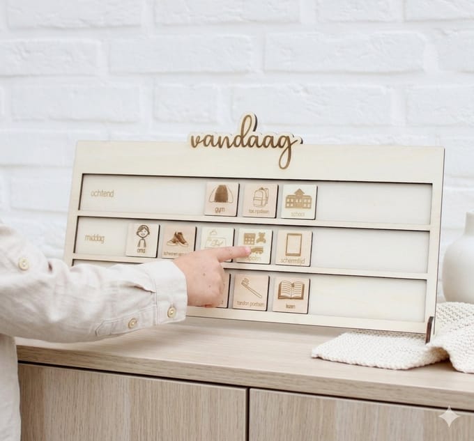 Dagplanner kinderen hout – dagindeling met pictogrammen – ochtend middag avond planner – visuele planning kind
