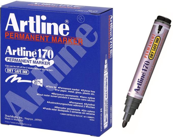 Artline 170 Drysafe Permanent Marker - Set 12 Stuks - Kogelpunt 2,0mm - Watervast & Wrijfvast - Zwart
