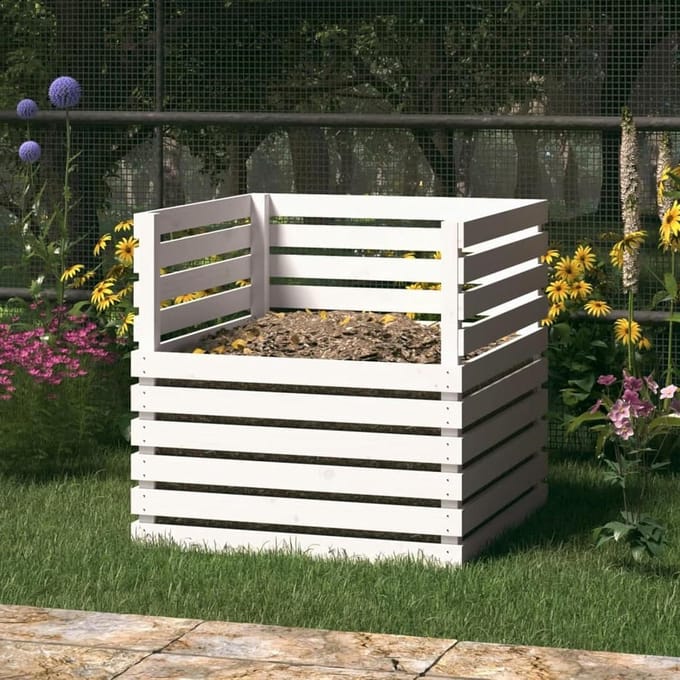 Compostbak Hout - Compostcontainer Tuinafval - Afval Verzamelen - Grote Inhoud - 80 x 80 x 78 cm - Wit