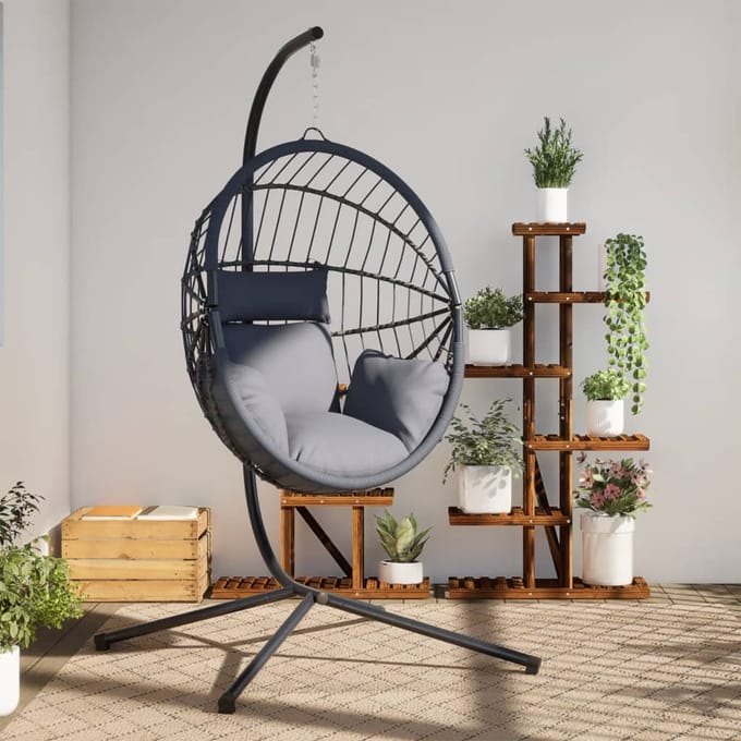 vidaXL - Hangstoel - met - standaard - rattan - en - staal - lichtgrijs