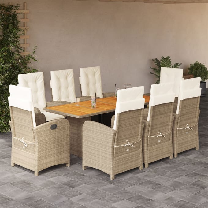 vidaXL - 9-delige - Tuinset - met - kussens - poly - rattan - gemengd - beige