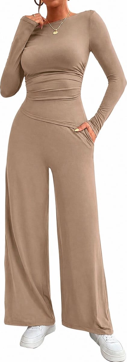 Modieuze kleding set - Dames - Bruin - Baggy Broek en Slim-fit Top