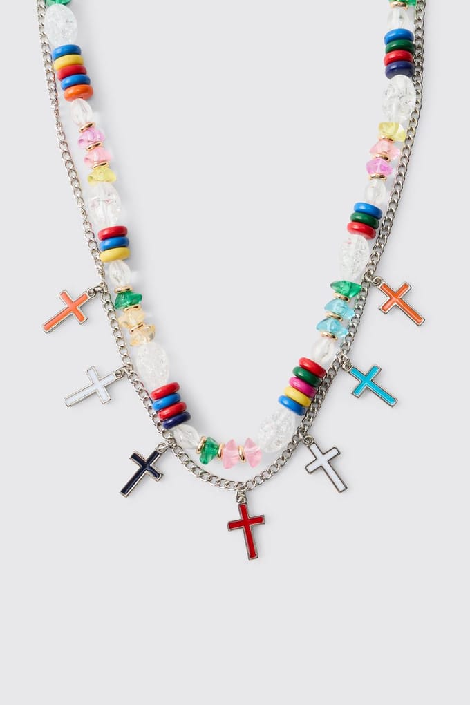 Double Layered Multi-Colour Beaded Cross Necklace