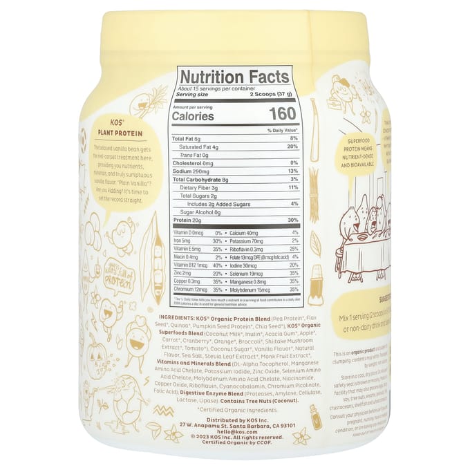 KOS, Poudre de Protéines Végétales Superaliment Bio, Vanille, 1,2 lb (555 g)