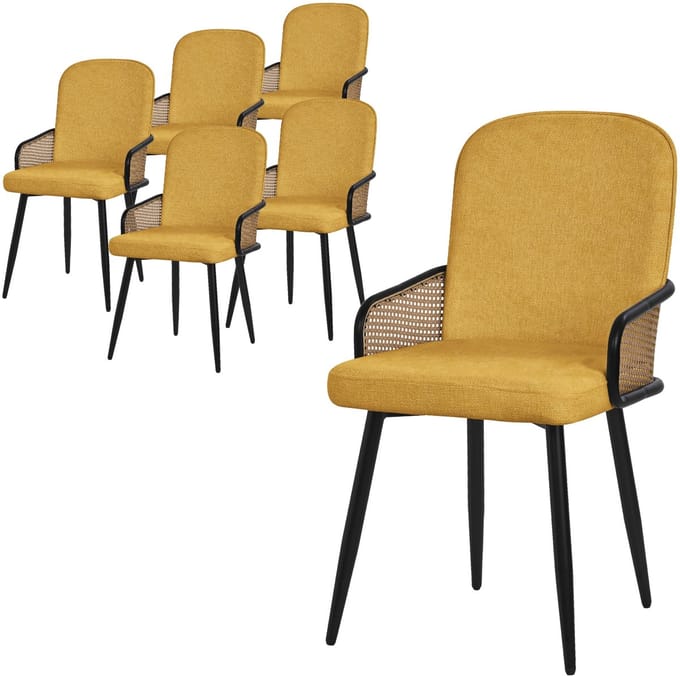 ML-Design eetkamerstoelen set van 6 mosterd gestoffeerde keukenstoelen met armleuningen en rugleuning rotanlook comfortabele ergonomische stoffen eetkamer fauteuils met metalen poten luxe lounge accentstoelen voor eettafel en woonkamer