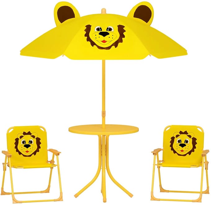 Sweiko Kinderzitjeset - Tuintafel + 2 klapstoelen - Met parasol - Geel