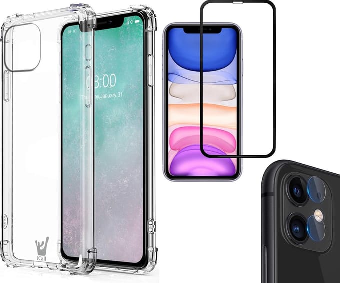 Hoesje geschikt voor iPhone 11 - Screenprotector FullGuard & Camera Lens Screen Protector - Back Cover Case ShockGuard Transparant