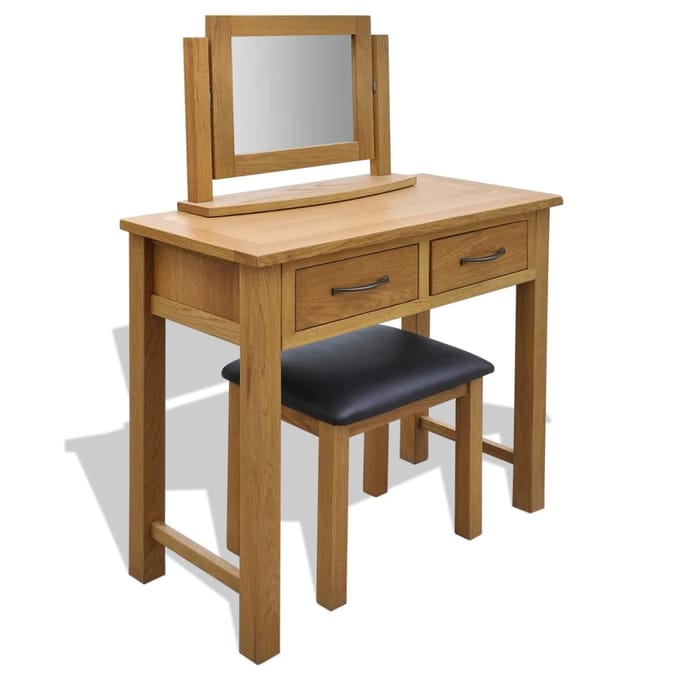 vidaXL - Kaptafel - met - krukje - massief - eikenhout