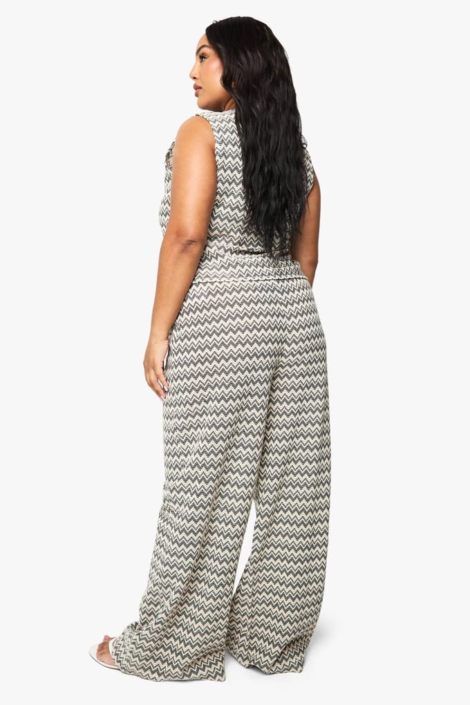 boohoo Dames Plus Zig Zag Gebreide Strandbroek | Mono | Maat: 28