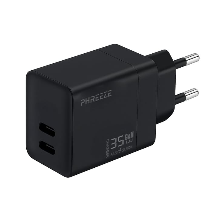 Usb C adapter 2 poorten - 35w - Slimme verdeling - Usb C lader - Snellader - Gan charger - Zwart - Phreeze