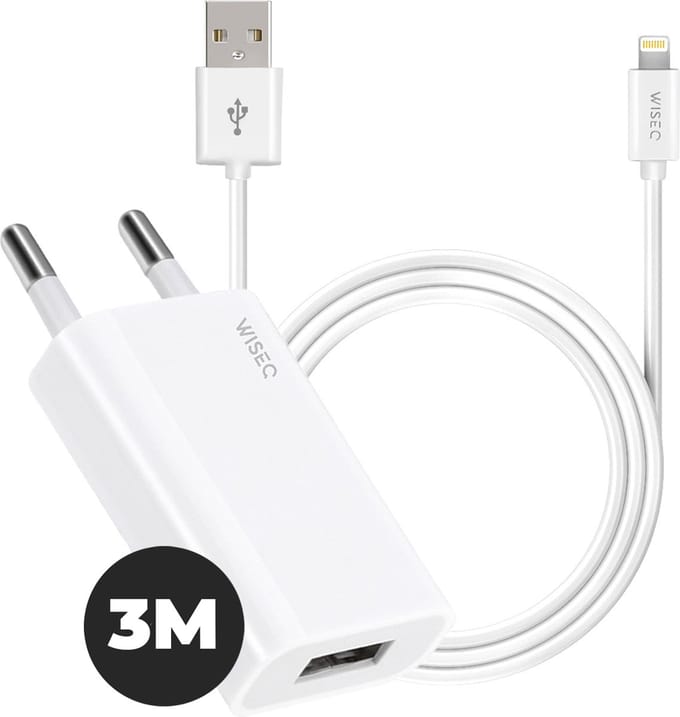 Oplader geschikt voor Apple iPhone 14 / 13 / 12 / 11 / X en iPad - inclusief USB naar Lightning laadkabel 3 m - wit - WiseQ