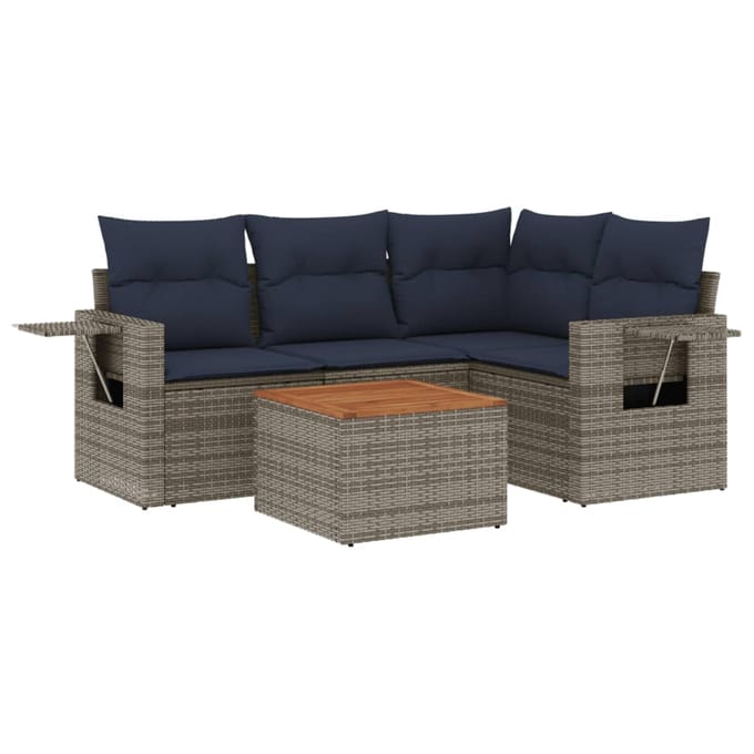vidaXL - 5-delige - tuinbankset - met - kussens, - grijs - polyrotan