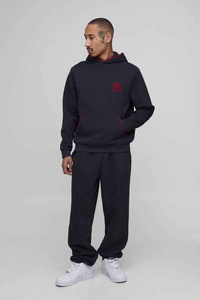 Regular B Geborduurd Hoodie & Oversized Jogger Trainingspak Met Bies | Charcoal | Size Medium