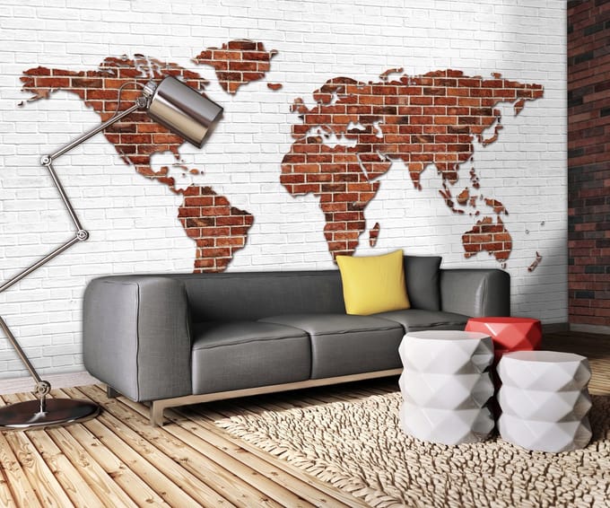 Brick Wall World Map Photo Wallcovering
