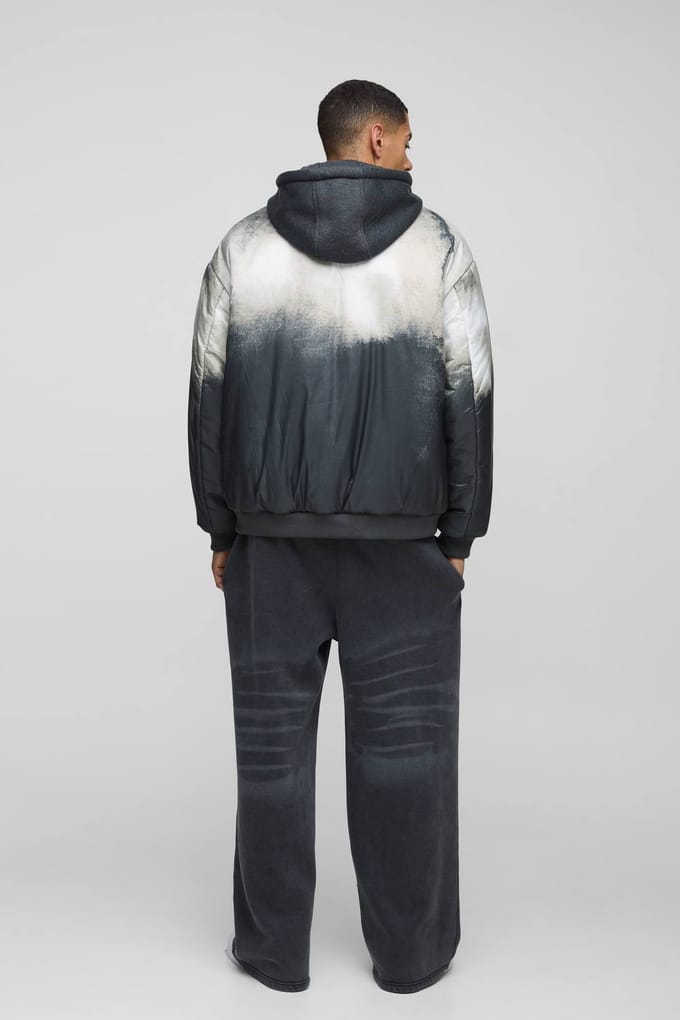 Oversized Abstract Print Hooded Bomber Jacket In Charcoal | Size Medium