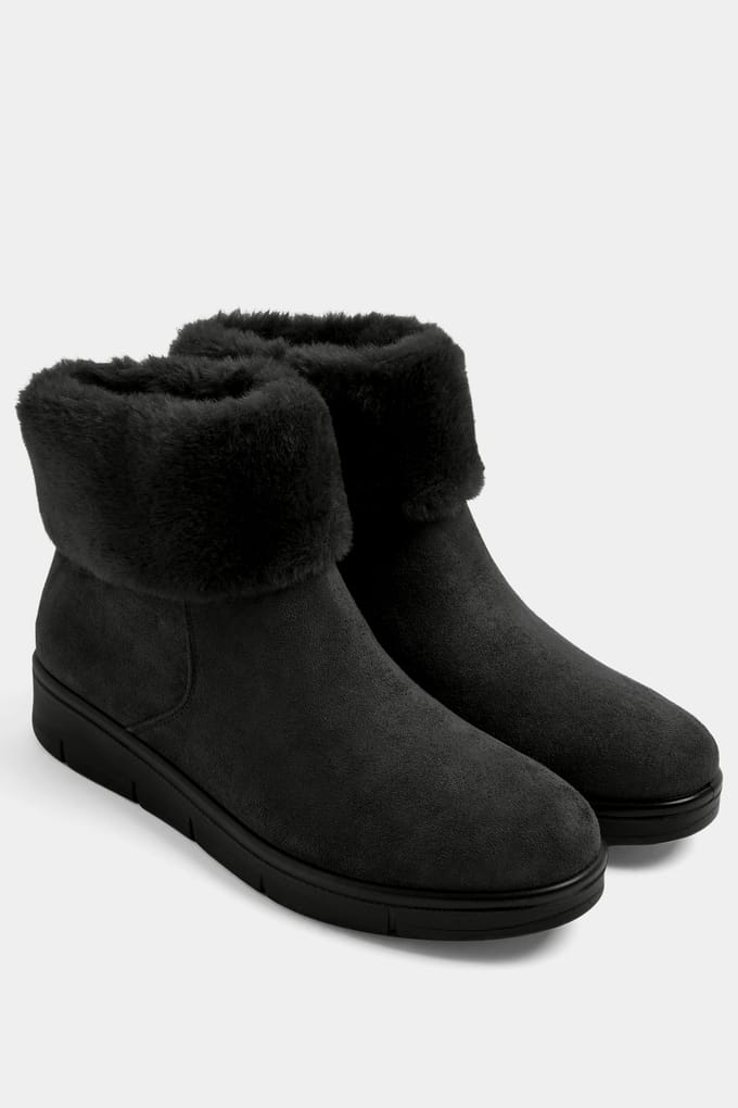 Yours Zwarte Imitatiesuède Bont Enkellaarsjes In Brede Epasvorm Size 42E