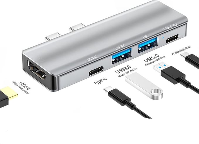 NÖRDIC DOCK-175 USB-C Dockingstation - 1xHDMI 4K30Hz, 1xUSB-A 2.0, 1xUSB-A 3.0, 1xUSB-C 100W PD - Grijs